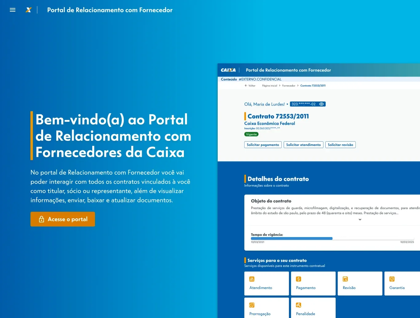 Landing do Portal SIRFO: à esquerda a missão do portal, à direita a prévia de um contrato